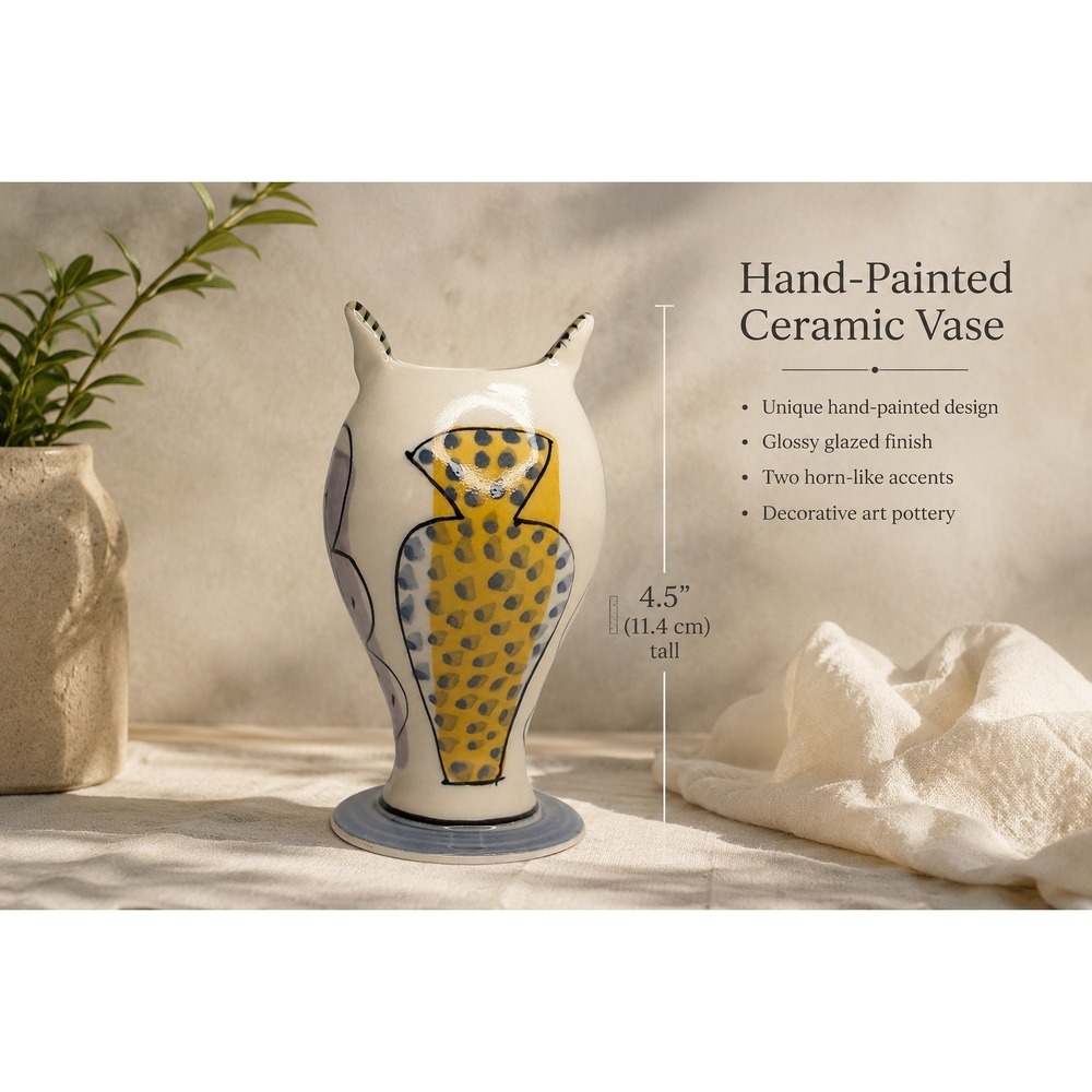 Parker Kuehl Hand Painted Ceramic Art Pottery Vase Abstract Horned Glossy 4.5"